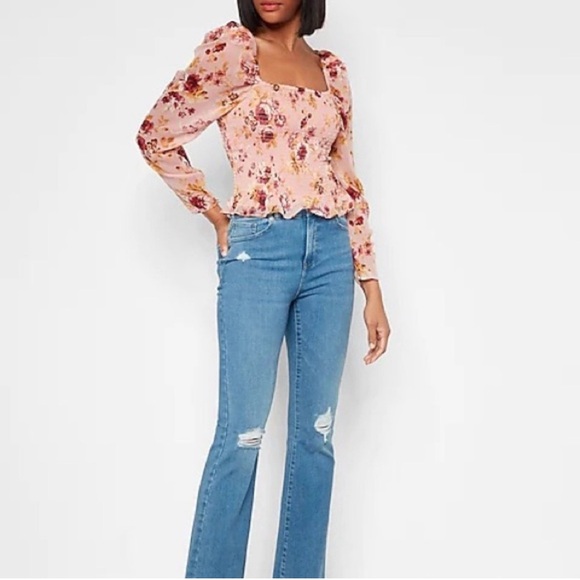 Express Pink Floral Square Neck Smocked Top- NWT- L - Picture 12 of 15